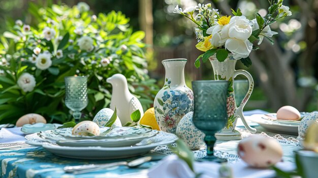 Establecimiento de la mesa de Pascua con huevos pintados flores de primavera y vajilla