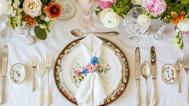 Establecimiento de la mesa de Pascua con huevos pintados flores de primavera y vajilla