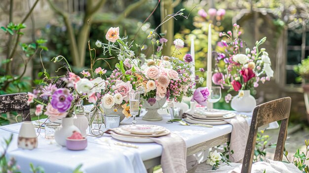 Establecimiento de la mesa de Pascua con huevos pintados flores de primavera y vajilla