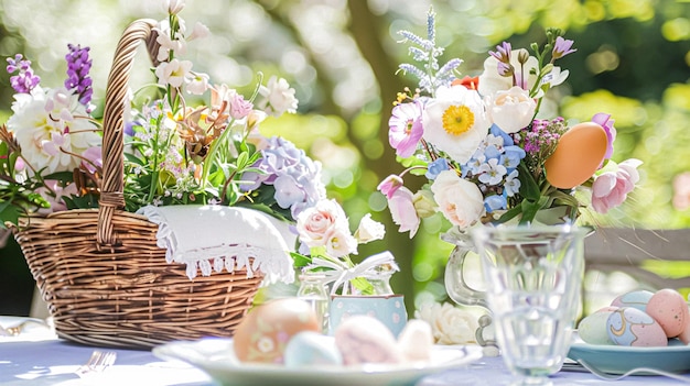 Establecimiento de la mesa de Pascua con huevos pintados flores de primavera y vajilla