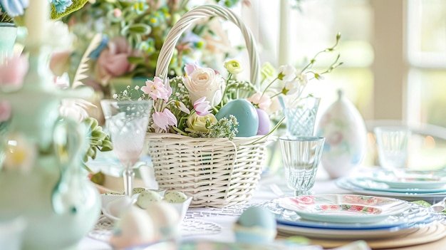 Establecimiento de la mesa de Pascua con huevos pintados flores de primavera y vajilla