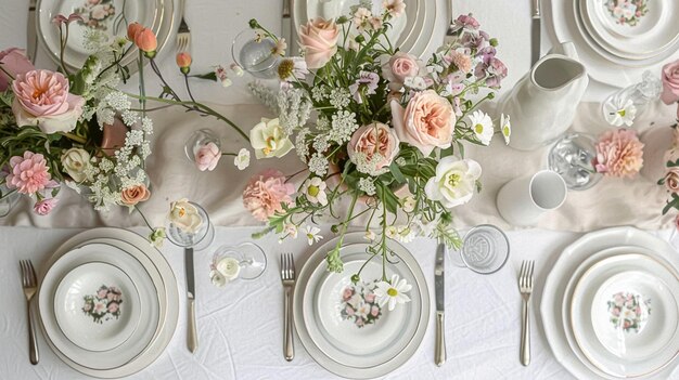 Establecimiento de la mesa de Pascua con huevos pintados flores de primavera y vajilla