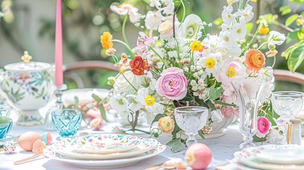 Establecimiento de la mesa de Pascua con huevos pintados flores de primavera y vajilla