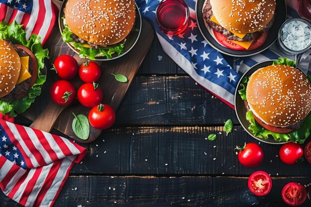 Establecimiento de mesa patriótica con bandera estadounidense y tarifa tradicional del Día de la Independencia