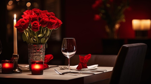 Establecimiento de mesa romántico con rosas rojas en un jarrón, vela encendida y vaso de vino sobre un fondo oscuro