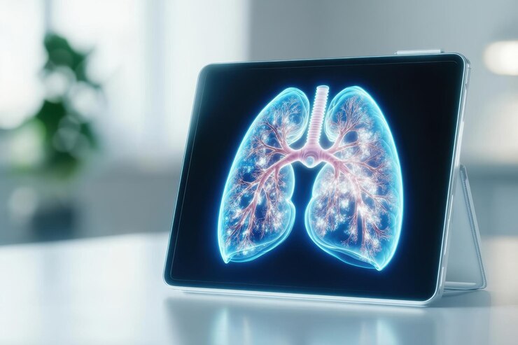 Establecimiento minimalista brillante con tableta que muestra los pulmones