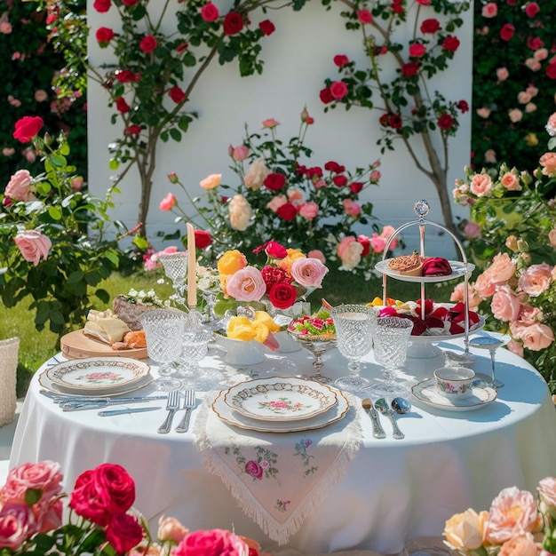 Establecimiento de picnic con jardín de rosas