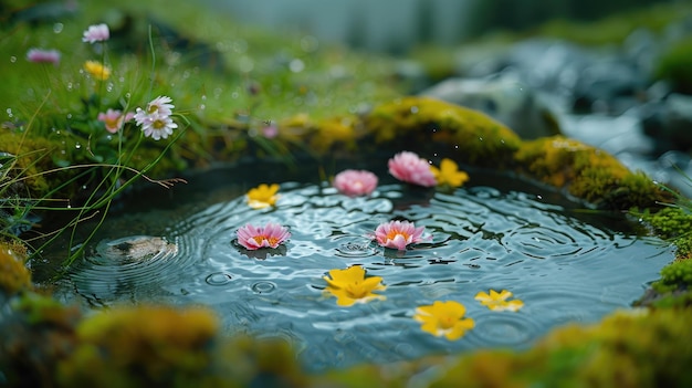 Establecimiento de spa al aire libre curativo con piscinas geotérmicas naturales rodeadas de flores silvestres perfumadas y musgo suave fondo de color sólido 4k ultra hd