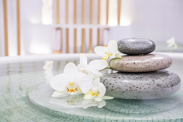 Establecimiento de spa con piedras de spa y orquídeas blancas