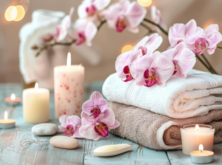 Establecimiento de spa tranquilo con flores velas y toallas con espacio de copia para relajación fitness y conceptos de aromaterapia