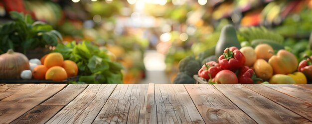 Foto establecimiento de tienda de comestibles orgánicos con pedestal de madera vacío y frutas y verduras de colores en el fondo que ofrece un espacio de exhibición ideal para artículos saludables y vegetarianos