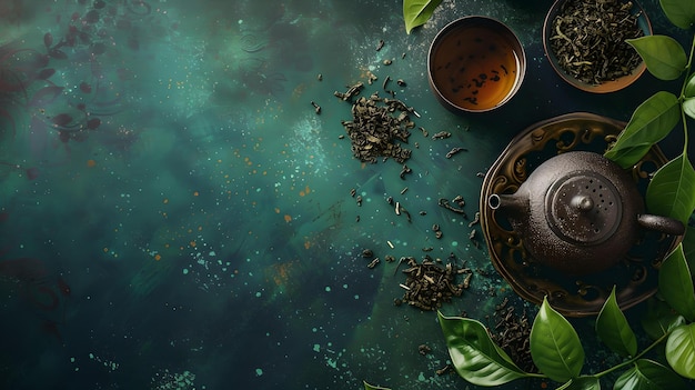 Establecimiento tradicional de la ceremonia del té asiática con tetera y hojas sueltas en un fondo oscuro místico un momento de tranquilidad y cultura perfecto para temas zen IA