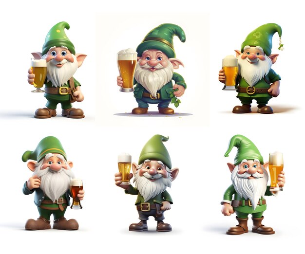 Establezca gnomos de San Patricio con vaso de cerveza en vestido verde y sombreros concepto del día de San Patricia