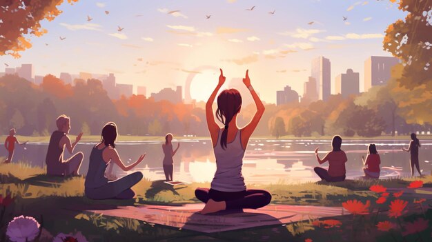 Establezca una historia en un bullicioso parque de la ciudad donde la gente se reúne para sesiones de yoga al aire libre f