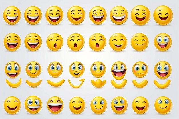 Foto establezca el icono de emoji de sonrisa realista amarillo brillante 3d emociones alrededor de la cara