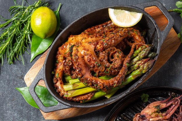 Foto establezca una mesa con platos de mariscos, cangrejos cocidos, camarones tigre, pulpo a la parrilla y calamares en una sartén de hierro fundido.