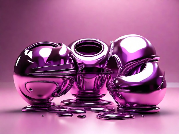 Establezca objetos 3D cromados y2k elementos metálicos líquidos de moda forma abstracta púrpura brillante renderizado en 3D