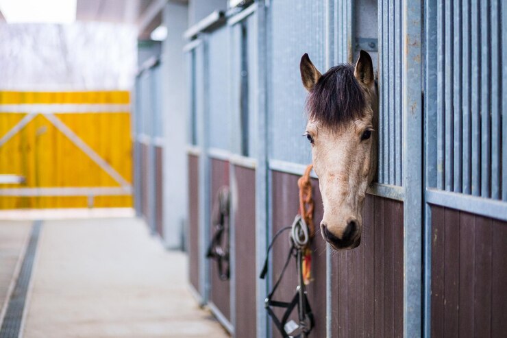 Foto establo de caballos de la escuela de equitación deportiva paddock del rancho ecuestre sin gente