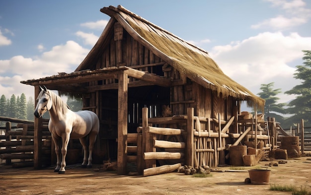 El establo de caballos de madera en una cabaña rústica