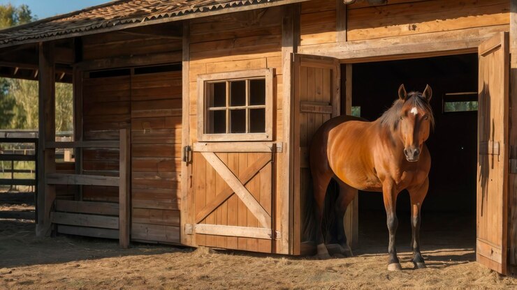 Foto un establo iluminado por el sol con la puerta abierta del caballo marrón.