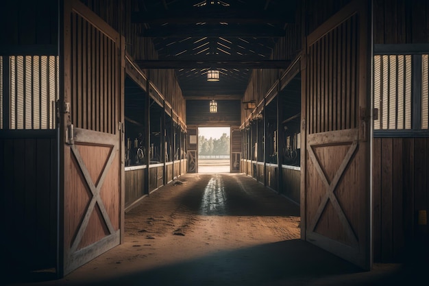 Foto estábulo de cavalos para cavalos em casa de madeira generative ai