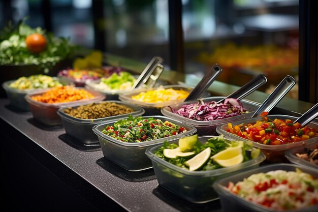 Estação de bar de saladas com uma variedade de alface, legumes e proteínas