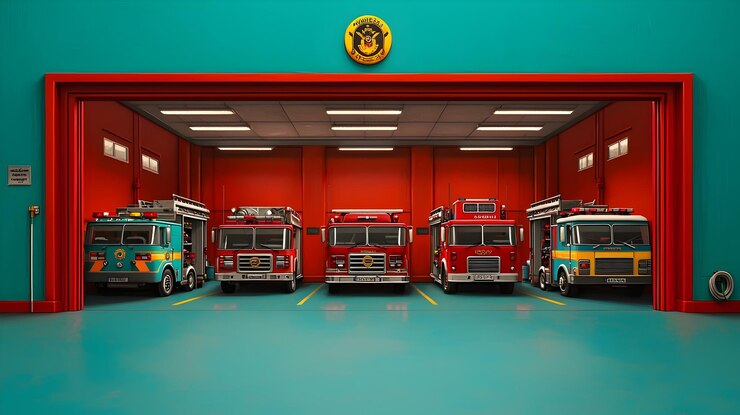 Foto estação de bombeiros vibrante com portas abertas exibindo veículos de emergência e fundo verde sereno