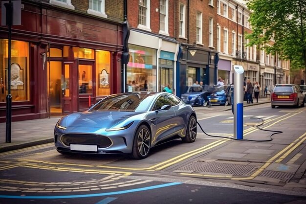 Estação de carregamento de automóveis elétricos O carregador de alimentação ligado a um automóvel elétrico a ser carregado Abastecimento de energia para o carregamento de carros elétricos IA geradora