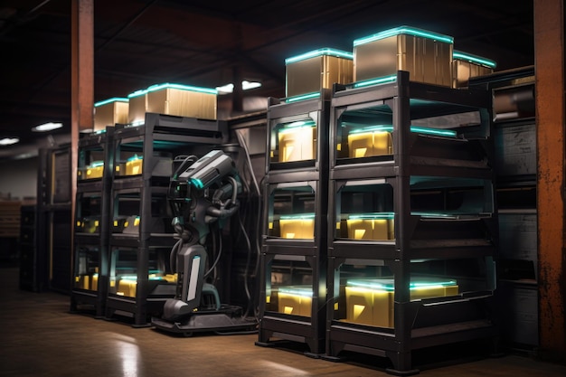 Foto estação de carregamento de robôs de armazém com luzes led