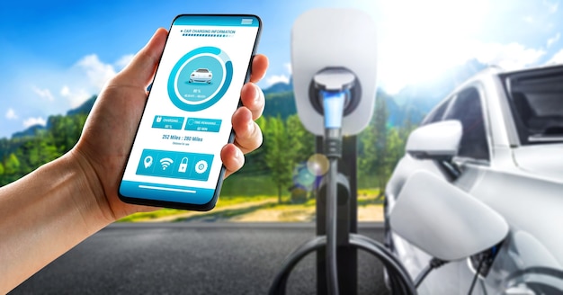 Estação de carregamento EV para carro elétrico com status de carregador de tela de aplicativo móvel