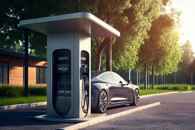Estação de carregamento EV para carro elétrico no conceito de energia verde Criado com tecnologia Generative AI