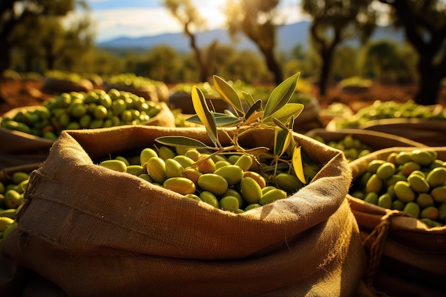 Estação de colheita de oliveiras Olivas verdes maduras em sacos em close-up