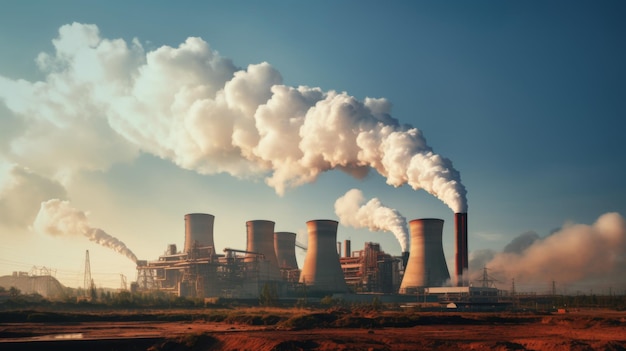 Estação de energia industrial com fumaça espessa de CO2 da chaminé Poluição e emissões de dióxido de carbono pé