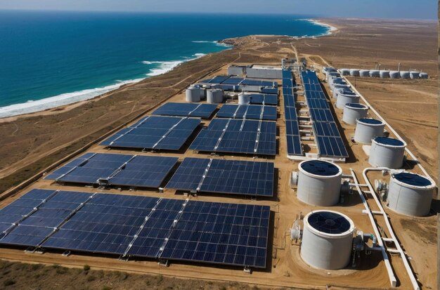 Estação de energia solar com fundo oceânico