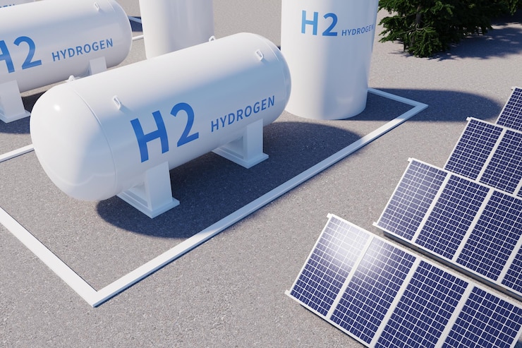 Estação de energia solar H2O Renderização em 3D do conceito de energia renovável