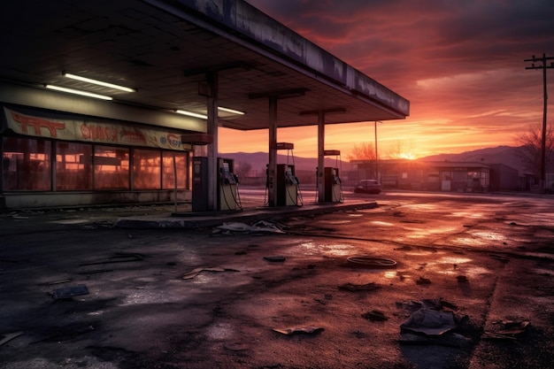 Estação de gasolina deserta com sol desvanecendo por trás criada com IA gerativa