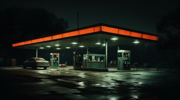 Estação de gasolina noturna esmeralda escura e laranja fotorrealista natureza morta