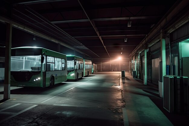 Estação de ônibus à noite com todas as luzes brilhando e sombras assustadoras dançando nas paredes