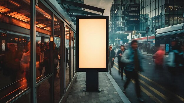 Estação de ônibus com bandeira em branco iluminada em uma rua