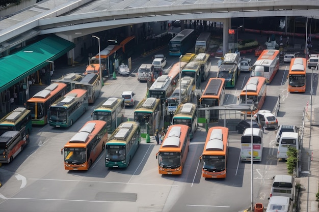 Estação de ônibus durante a hora do rush movimentada com ônibus partindo e chegando a cada minuto