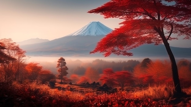 Estação de Outono Colorida e Monte Fuji com nevoeiro matinal e folhas vermelhas Tecnologia de IA Gerativa
