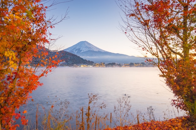 Estação de outono e fuji de montanha com luz noturna e folhas vermelhas no lago kawaguchiko, japão