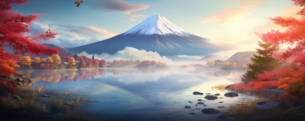 Estação de outono e paisagem da montanha Fuji com névoa matinal do lago Generative ai