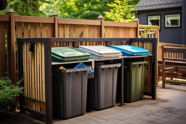 Estação de reciclagem de garagem com contentores separados para diferentes materiais