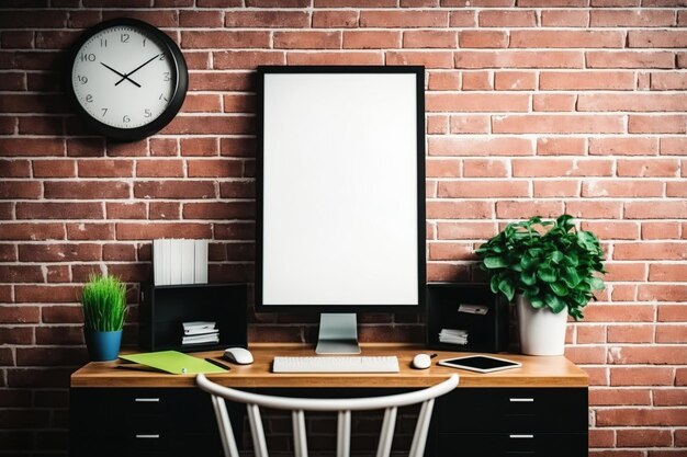 Estação de trabalho com um pôster vertical simulado na mesa Uma mesa e uma parede de tijolos vermelhos podem ser vistos no interior de um estúdio ou casa contornando o pôster de alguma forma