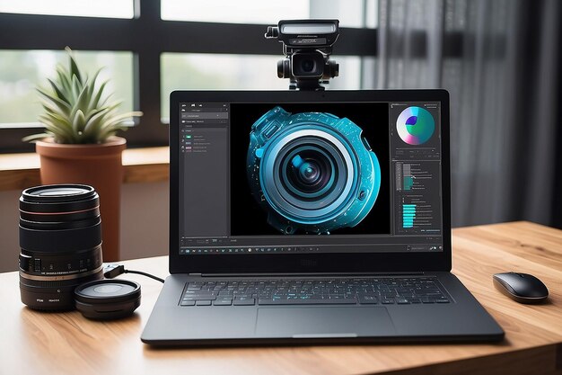 Estação de trabalho de fotografia digital gerativa de IA Câmera DSLR digital moderna Display de computador portátil