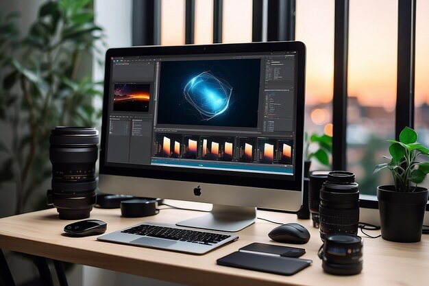 Estação de trabalho de fotografia digital gerativa de IA Câmera DSLR digital moderna Display de computador portátil