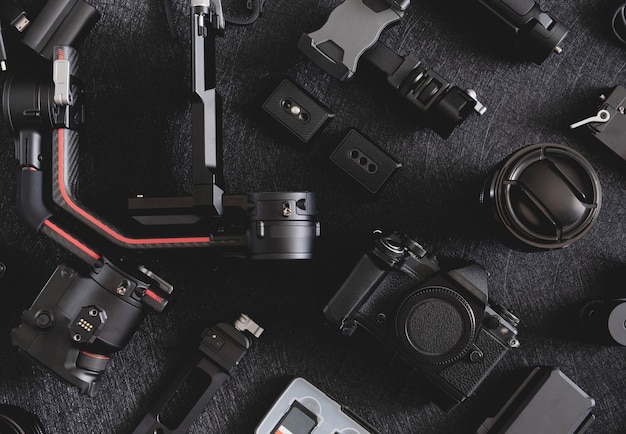 Estação de trabalho do fotógrafo, estabilizadores de cardan e acessório da câmera