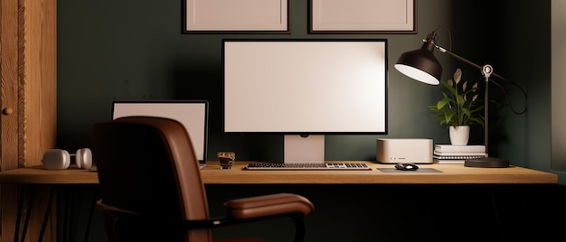 Estação de trabalho elegante moderna com computador e decoração na mesa de madeira contra a parede verde escura