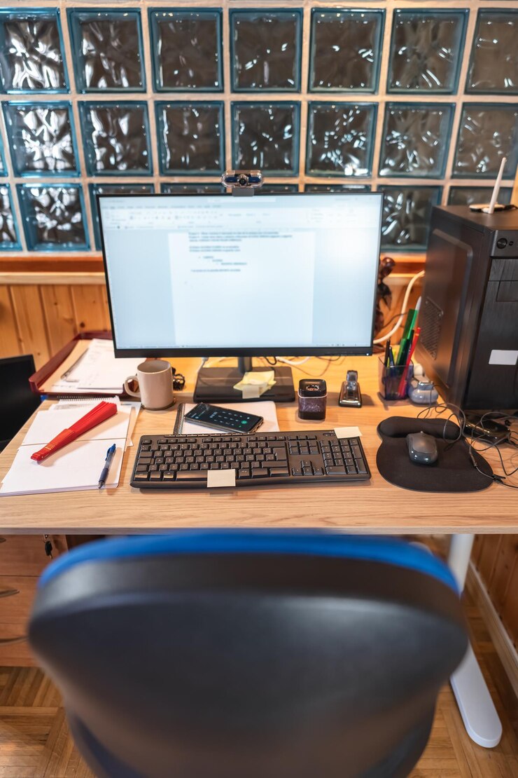 Estação de trabalho em casa para teletrabalho remoto com computadores e outros objetos de escritório